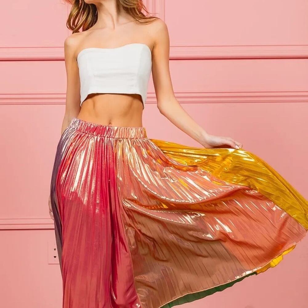 BiBi Vibrant Rainbow Metallic Pleated MIDI Skirt
